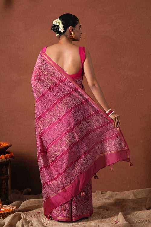 Sooti Syahi ' Azure Gold' Hand Block Printed Chanderi Silk Saree