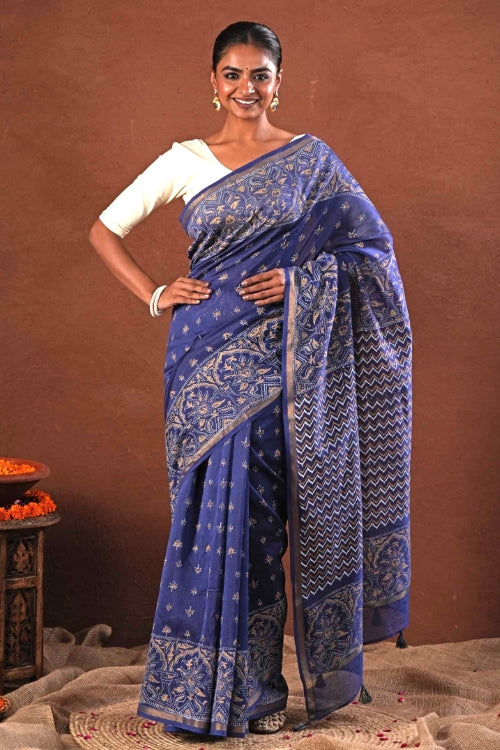 Sooti Syahi ' Blue Horizon' Hand Block Printed Chanderi Silk Saree