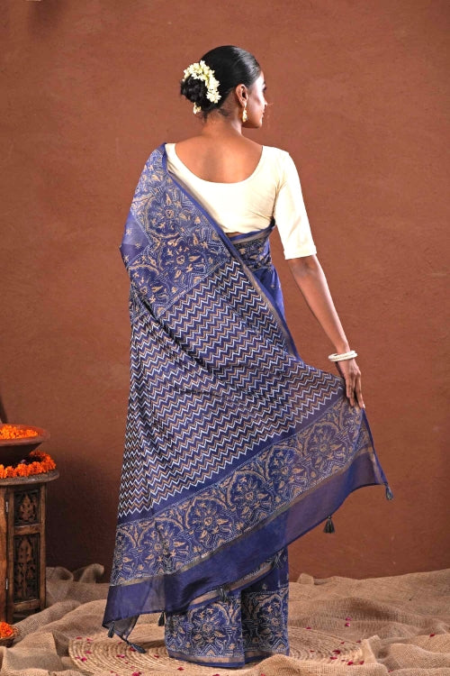 Sooti Syahi ' Blue Horizon' Hand Block Printed Chanderi Silk Saree