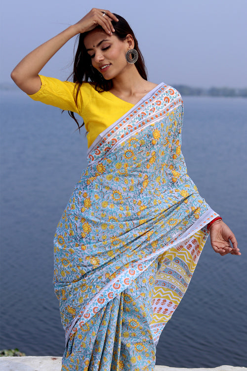 "Cosmic Gray" Block Printed Cotton Saree