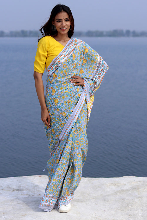 "Cosmic Gray" Block Printed Cotton Saree