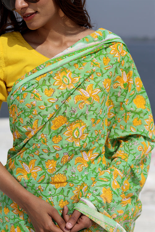 Sooti Syahi "Kaccha Aam" Block Printed Cotton Saree