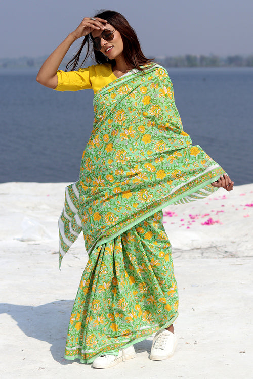 Sooti Syahi "Kaccha Aam" Block Printed Cotton Saree