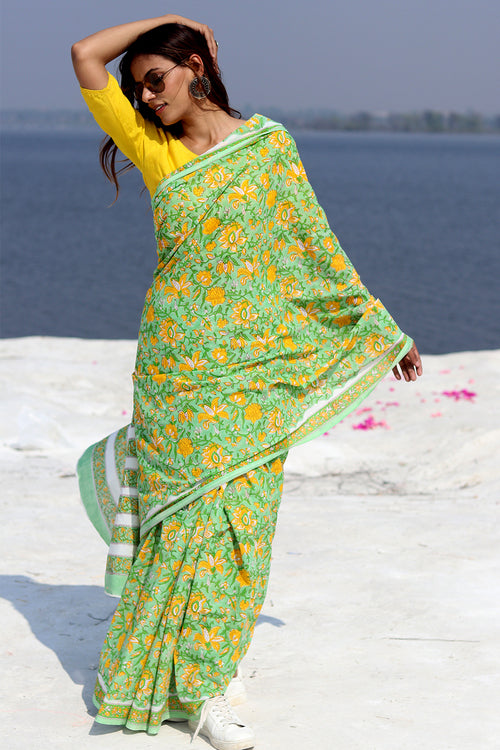 Sooti Syahi "Kaccha Aam" Block Printed Cotton Saree