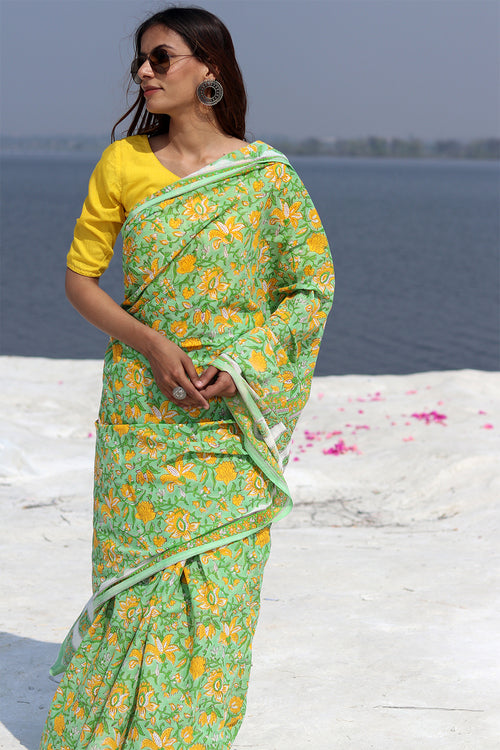 Sooti Syahi "Kaccha Aam" Block Printed Cotton Saree