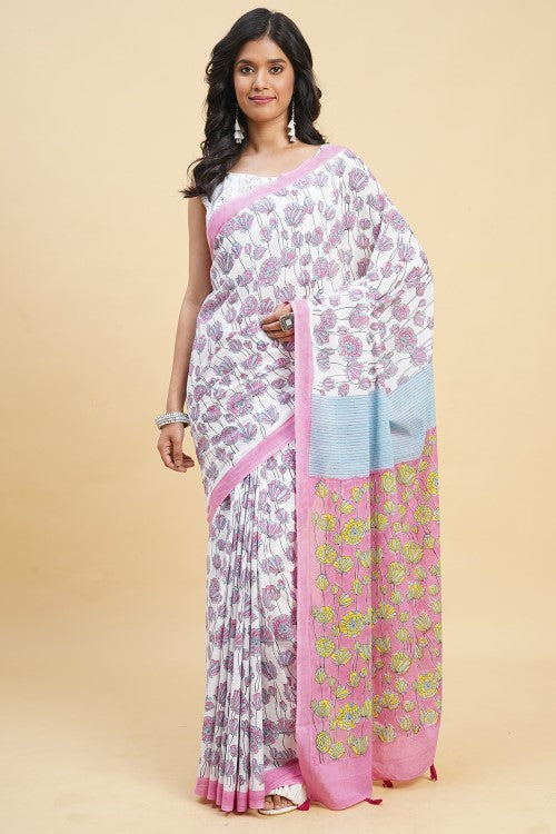 Sooti Syahi Azalia Pink Handblock Print Cotton Saree Online