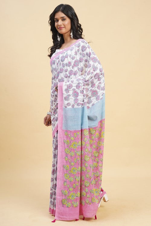 Sooti Syahi Azalia Pink Handblock Print Cotton Saree Online