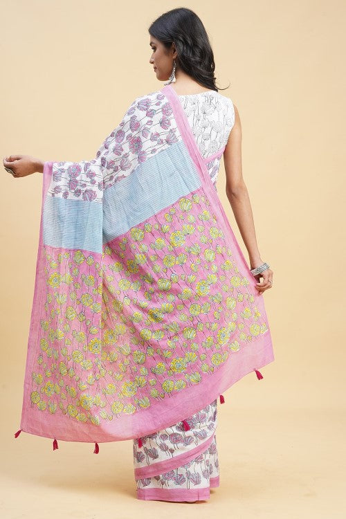 Sooti Syahi "Azalia Pink" Handblock Print Mul Cotton Saree