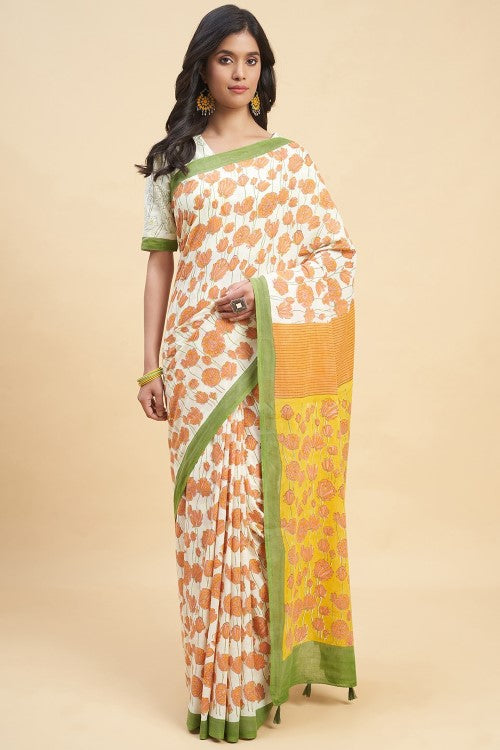 Sooti Syahi Azalia Orange Handblock Print Cotton Saree Online