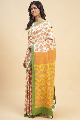 Sooti Syahi "Azalia Orange" Handblock Print Mul Cotton Saree