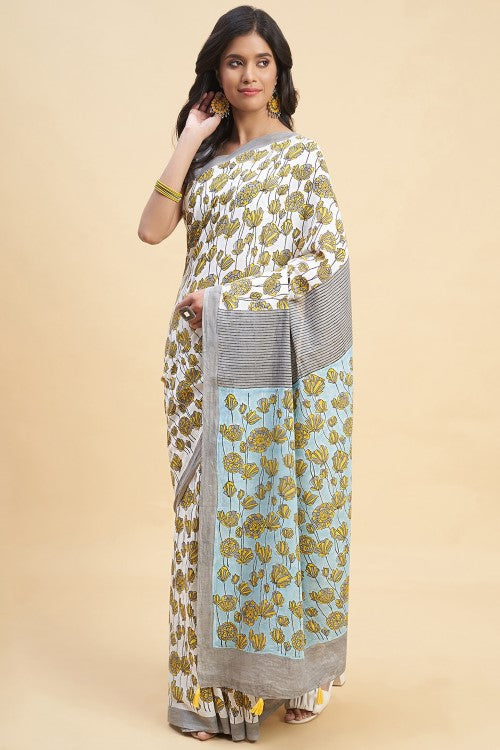 Sooti Syahi Azalia Gray Handblock Print Cotton Saree Online