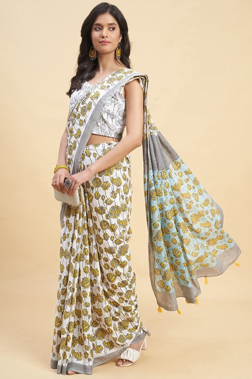 Sooti Syahi "Azalia Gray" Handblock Print Mul Cotton Saree