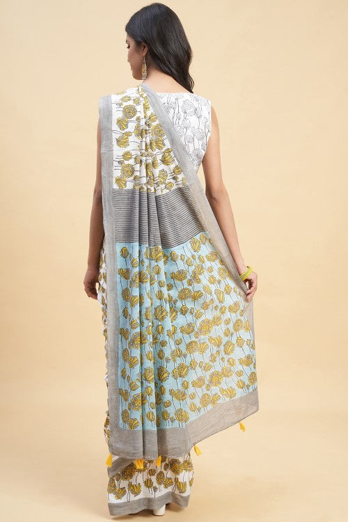 Sooti Syahi "Azalia Gray" Handblock Print Mul Cotton Saree