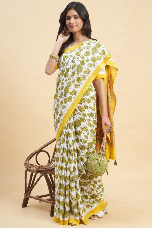 Sooti Syahi " Azalia Yellow" Handblock Print Mul Cotton Saree