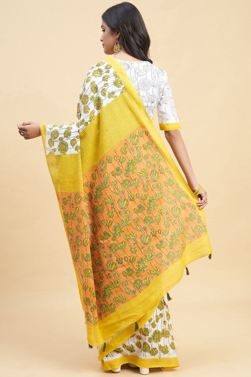 Sooti Syahi " Azalia Yellow" Handblock Print Mul Cotton Saree