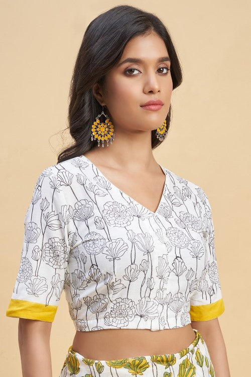 Sooti Syahi " Azalia Yellow" Handblock Print Mul Cotton Saree