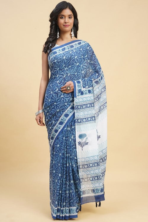 Sooti Syahi Daffodil Blue Block Print Cotton Saree Online