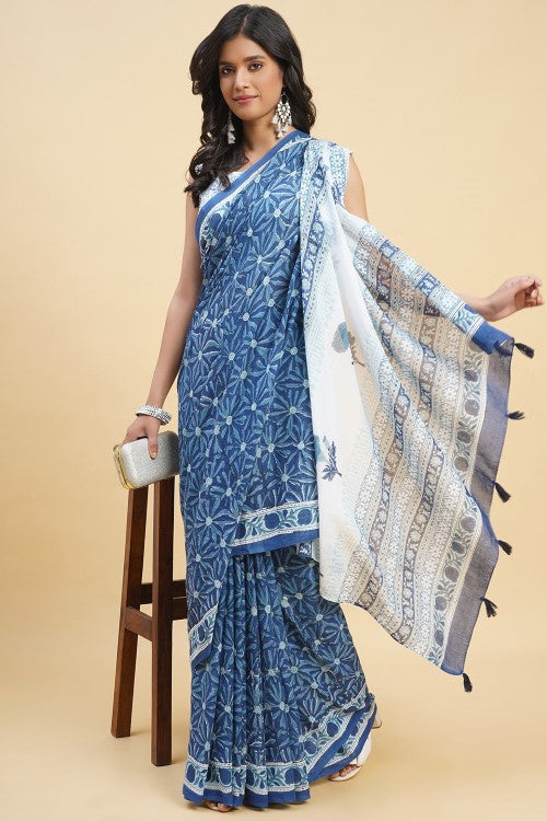 Sooti Syahi "Daffodil Blue" Handblock Print Mul Cotton Saree