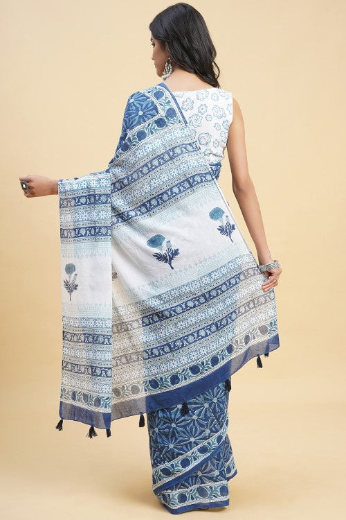 Sooti Syahi "Daffodil Blue" Handblock Print Mul Cotton Saree