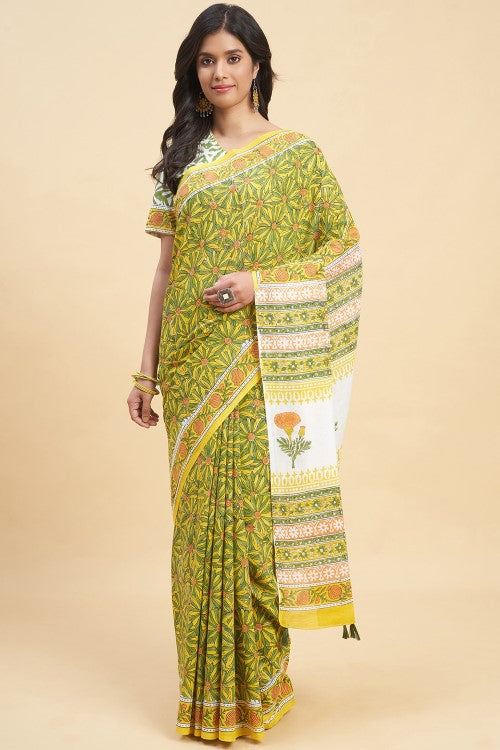 Sooti Syahi Daffodil Green Block Print Cotton Saree Online