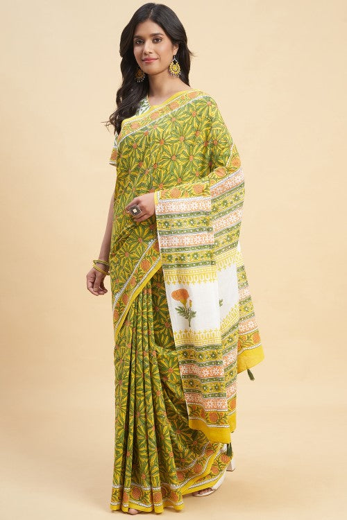 Sooti Syahi Daffodil Green Block Print Cotton Saree Online