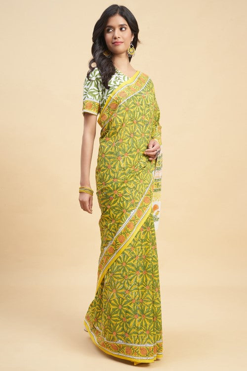 Sooti Syahi "Daffodil Green" Handblock Print Mul Cotton Saree
