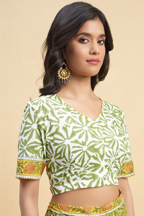 Sooti Syahi "Daffodil Green" Handblock Print Mul Cotton Saree