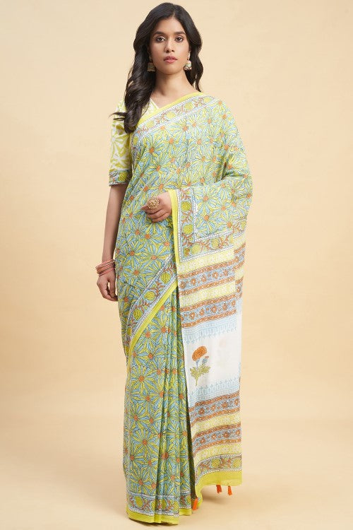Sooti Syahi Daffodil Yellow Block Print Cotton Saree Online
