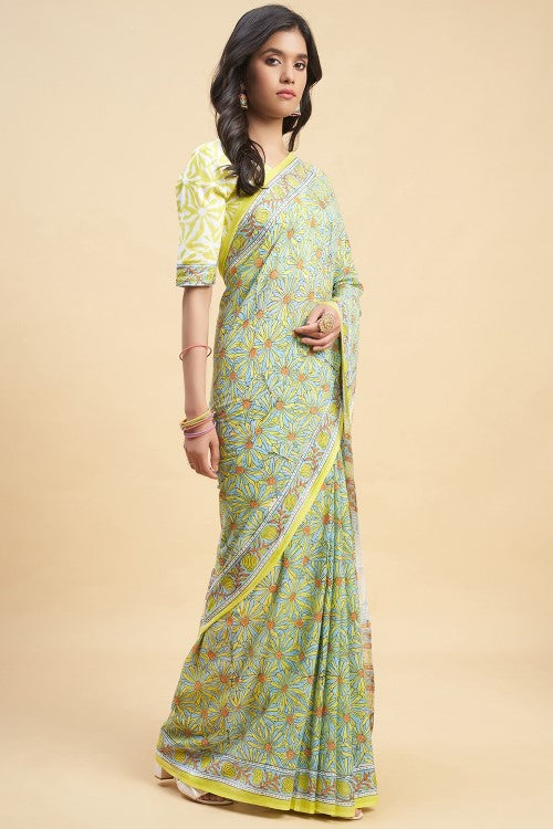 Sooti Syahi "Daffodil Yellow" Handblock Print Mul Cotton Saree