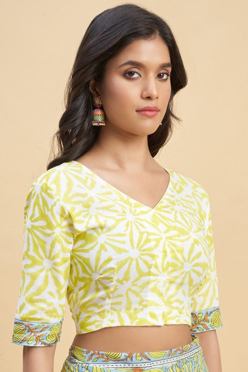 Sooti Syahi "Daffodil Yellow" Handblock Print Mul Cotton Saree