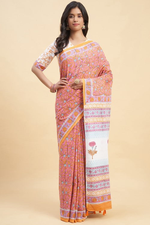 Sooti Syahi Daffodil Pink Block Print Cotton Saree Online