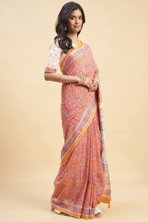 Sooti Syahi "Daffodil Pink" Handblock Print Mul Cotton Saree