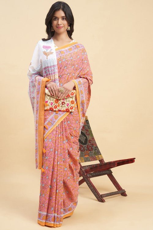 Sooti Syahi "Daffodil Pink" Handblock Print Mul Cotton Saree