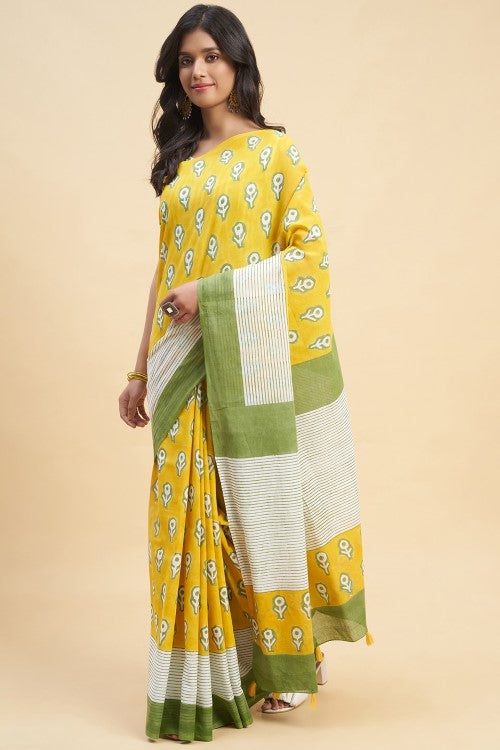 Sooti Syahi Mandevilla Yellow Block Print Cotton Saree Online