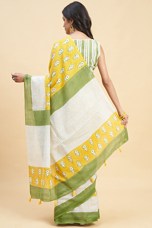 Sooti Syahi "Mandevilla Yellow" Handblock Print Mul Cotton Saree