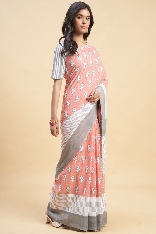 Sooti Syahi "Mandevilla Salmon"Handblock Print Mul Cotton Saree