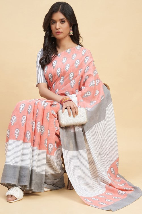 Sooti Syahi Mandevilla Pink Block Print Cotton Saree Online