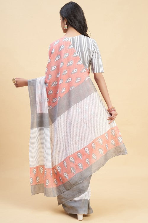 Sooti Syahi "Mandevilla Salmon"Handblock Print Mul Cotton Saree