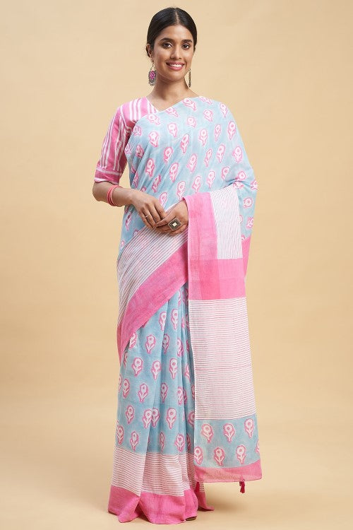 Sooti Syahi Mandevilla Pink Print Cotton Saree Online