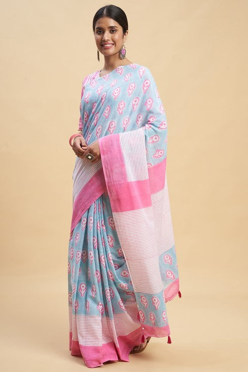 Sooti Syahi Mandevilla Pink Print Cotton Saree Online