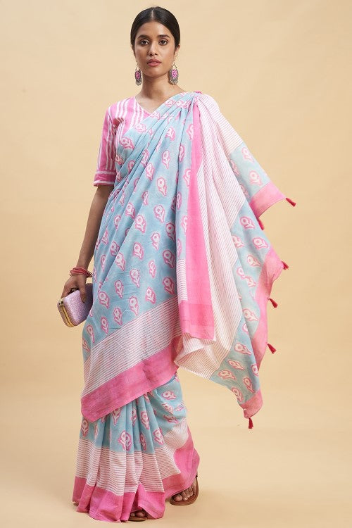 Sooti Syahi "Mandevilla Pink" Handblock Print Mul Cotton Saree