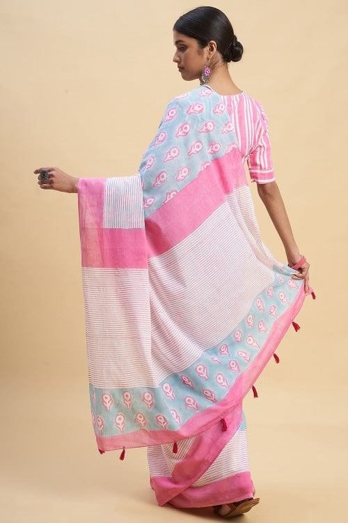 Sooti Syahi "Mandevilla Pink" Handblock Print Mul Cotton Saree