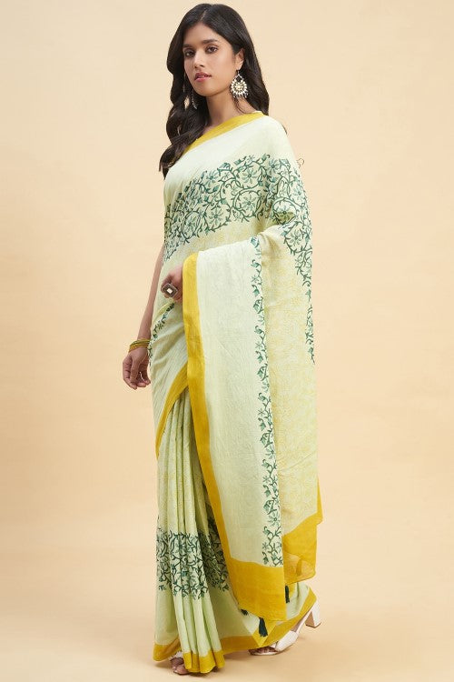 Sooti Syahi Crape Myrtle Musterd Block Print Cotton Saree Online