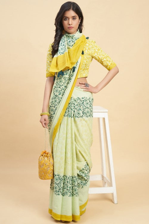 Sooti Syahi "Crape Myrtle Musterd" Handblock Print Mul Cotton Saree