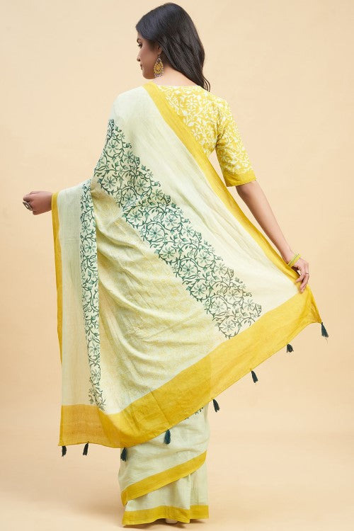 Sooti Syahi "Crape Myrtle Musterd" Handblock Print Mul Cotton Saree