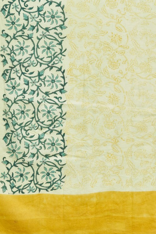 Sooti Syahi "Crape Myrtle Musterd" Handblock Print Mul Cotton Saree