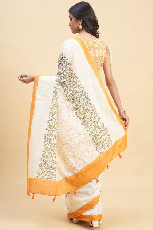 Sooti Syahi "Crape Myrtle Saffron" Handblock Print Mul Cotton Saree