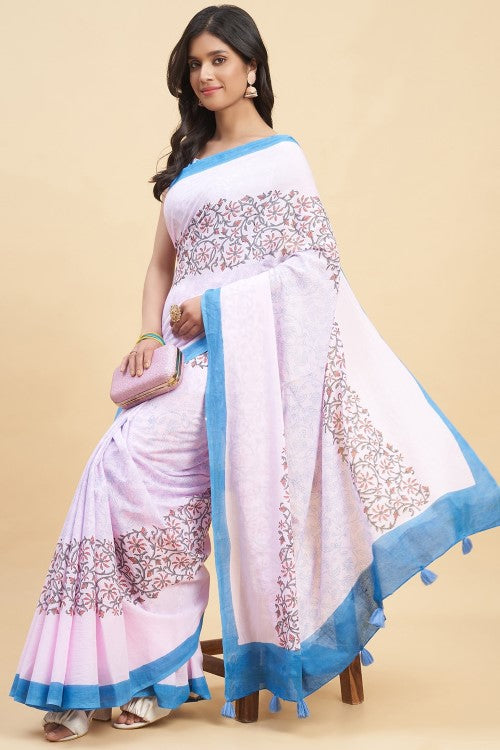 Sooti Syahi Crape Myrtle Pink Block Print Cotton Saree Online