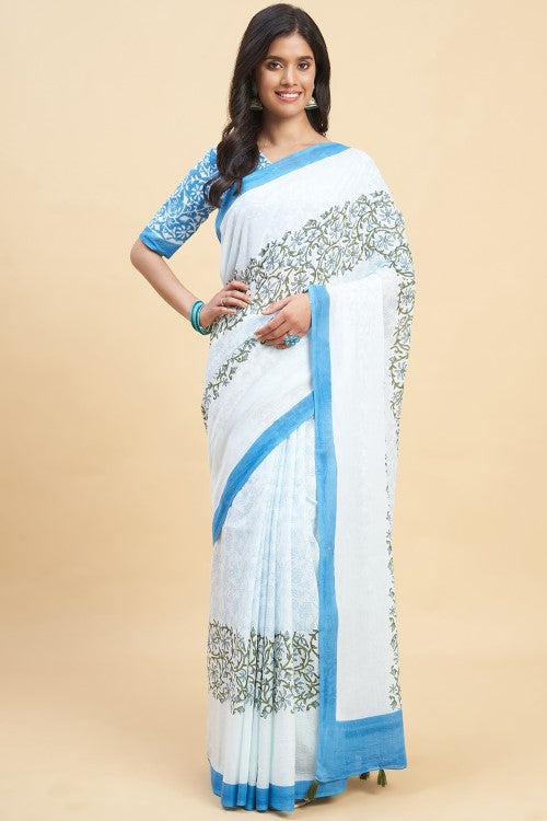 Sooti Syahi Crape Myrtle Blue Block Print Cotton Saree Online