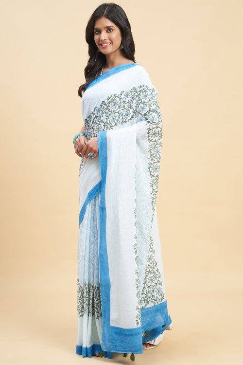 Sooti Syahi Crape Myrtle Blue Block Print Cotton Saree Online